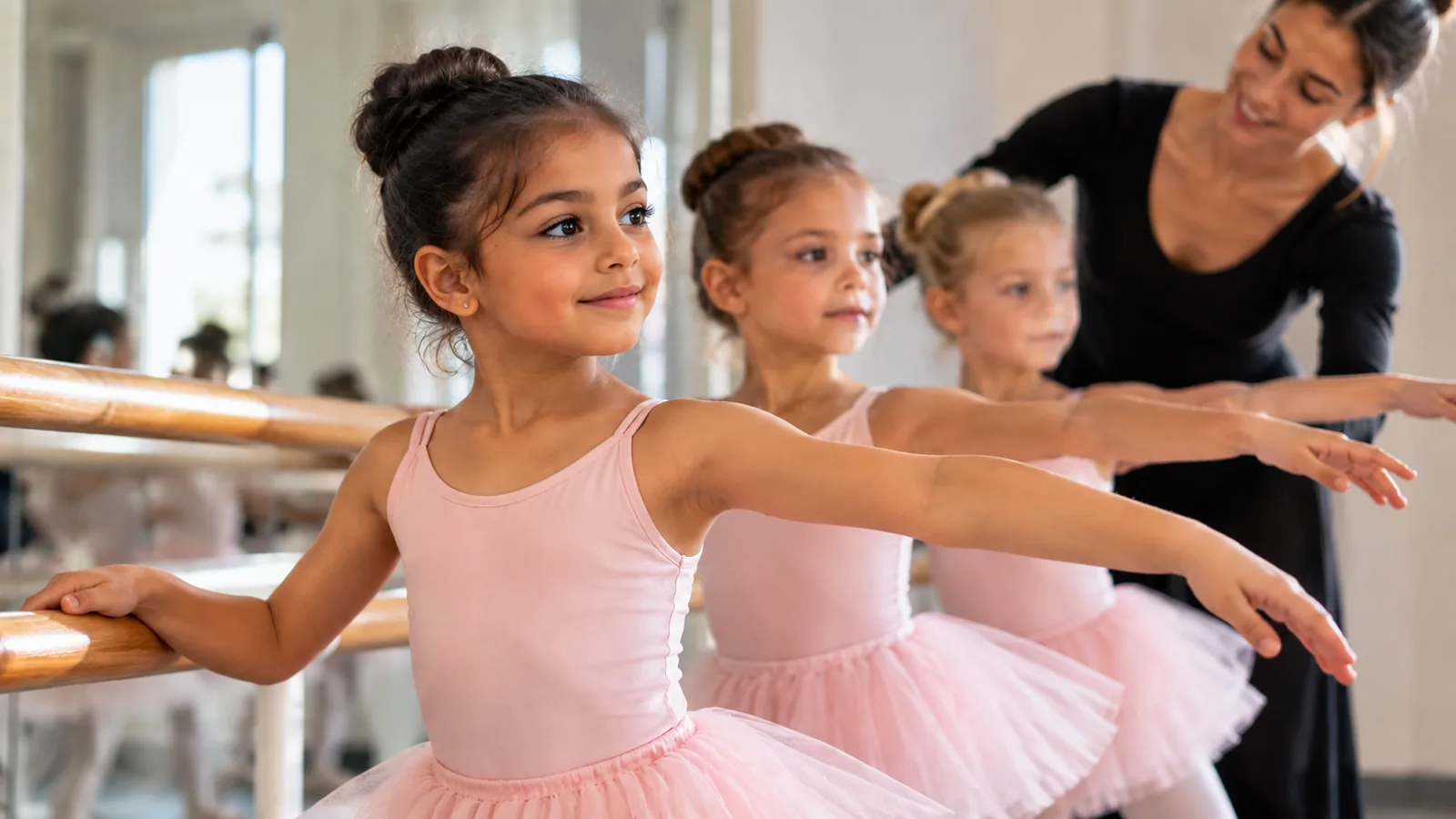 De jeunes danseuses en tutu rose s'exercent à la barre pendant un cours de danse classique.