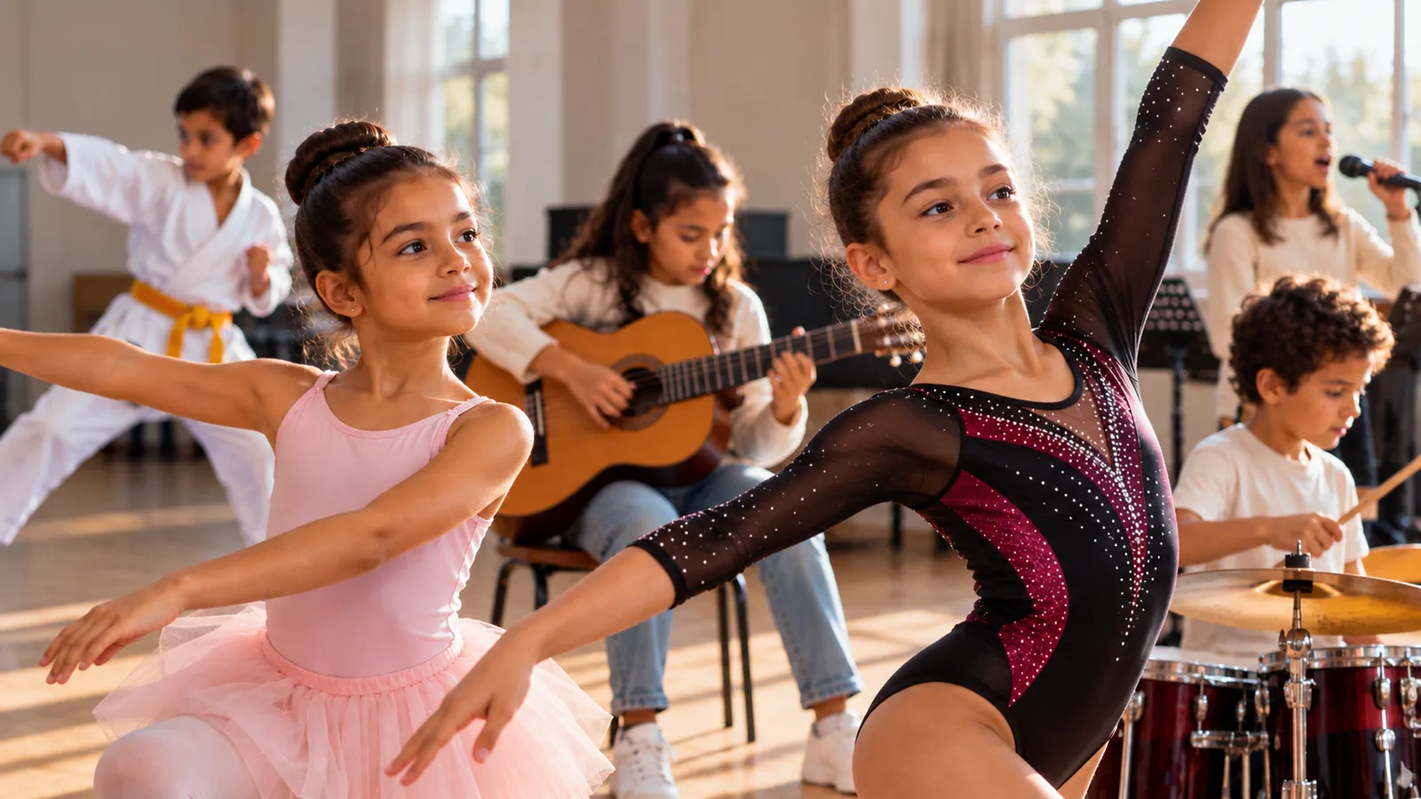 Des enfants pratiquent ensemble différentes activités artistiques et sportives : danse, arts martiaux, musique et chant.